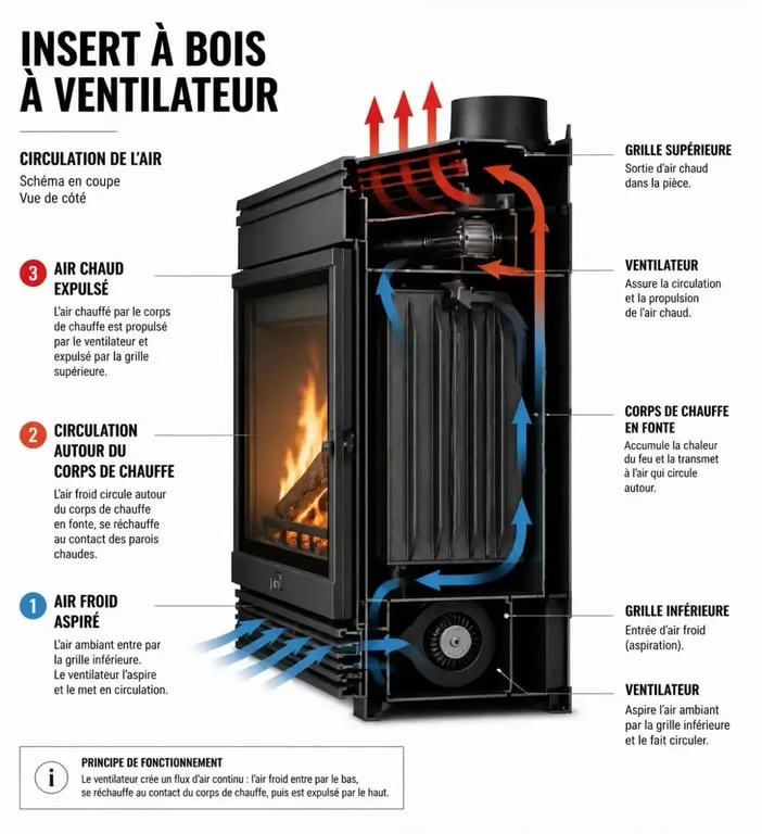 Schéma de fonctionnement d'un insert avec ventilateur montrant la circulation de l'air
