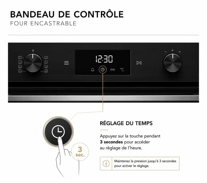 Schéma de déblocage du message STOP sur un four Rosières via la touche de réglage du temps