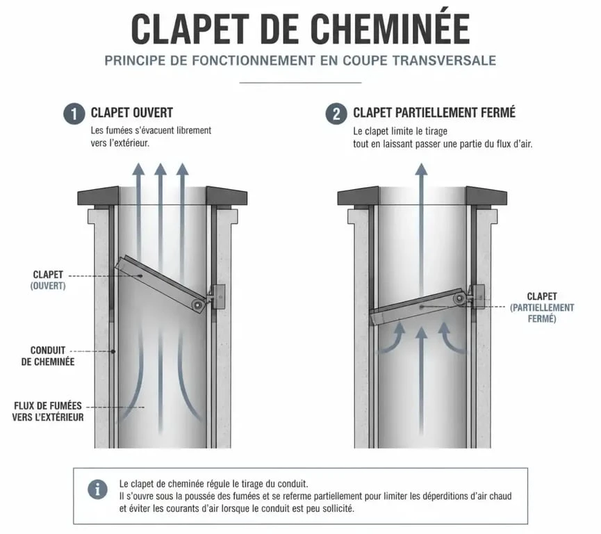 Schéma explicatif du fonctionnement d'un clapet de cheminée pour optimiser le tirage et la sécurité