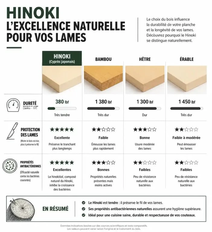 Infographie comparative des propriétés du bois de Hinoki pour planches à découper