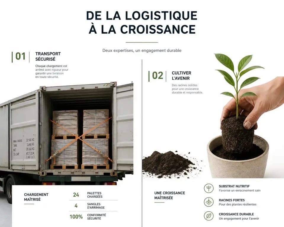Illustration comparative de l'empotage logistique en conteneur et de l'empotage horticole en pépinière