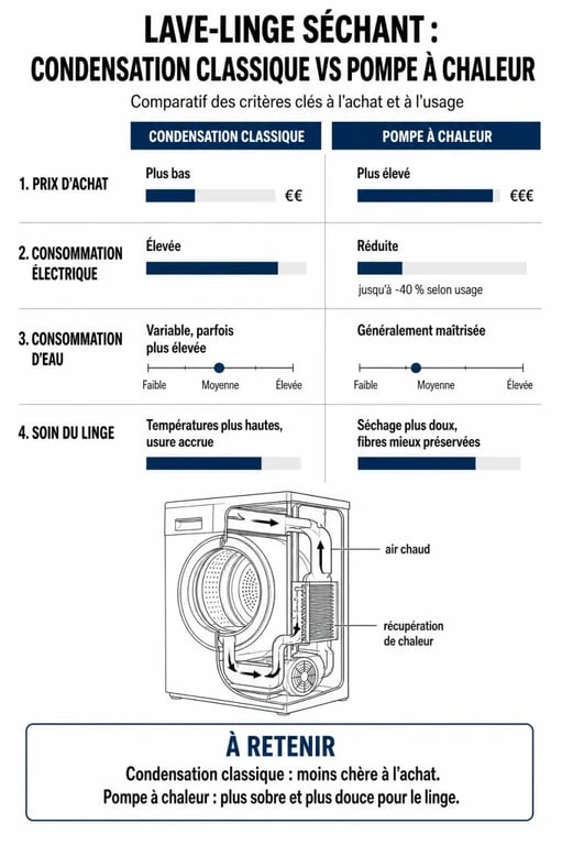 Comparatif des technologies de lave-linge séchant : condensation classique vs pompe à chaleur pour un avis éclairé.