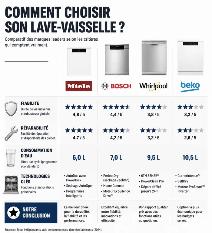 Infographie comparative des meilleures marques de lave-vaisselle : fiabilité et réparabilité