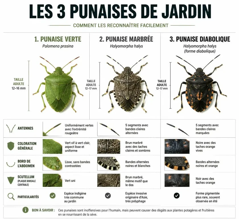 Identification des punaises de jardin : punaise verte, punaise marbrée et punaise diabolique