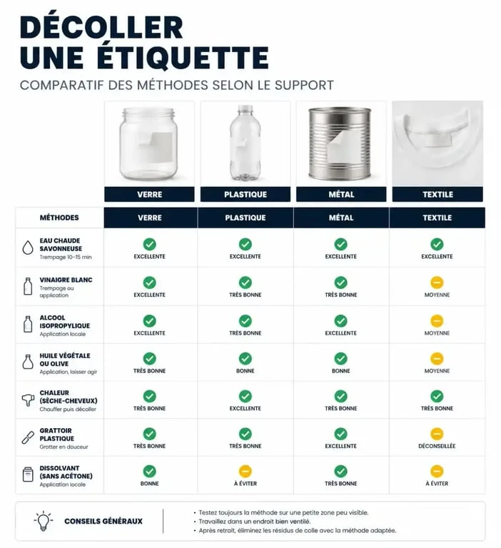 Infographie récapitulative des méthodes pour décoller une étiquette sur verre, plastique, métal et textile sans laisser de traces.