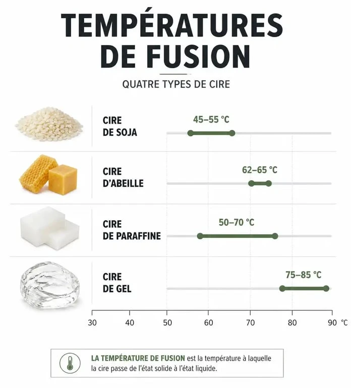 Tableau comparatif des températures de fusion pour faire fondre de la cire de bougie