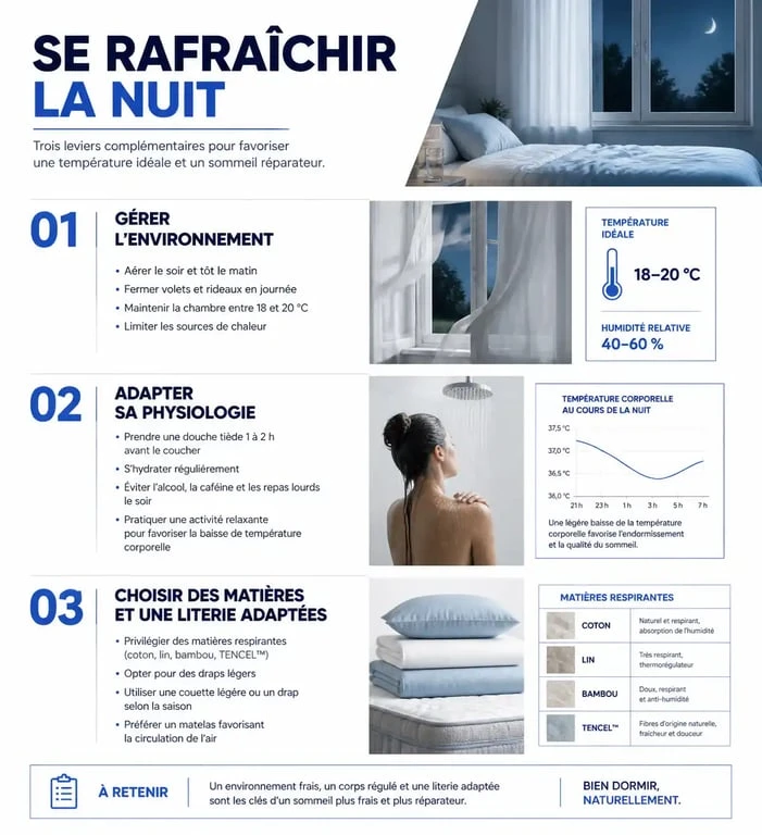 Infographie récapitulative des astuces pour se rafraîchir la nuit et mieux dormir en période de canicule