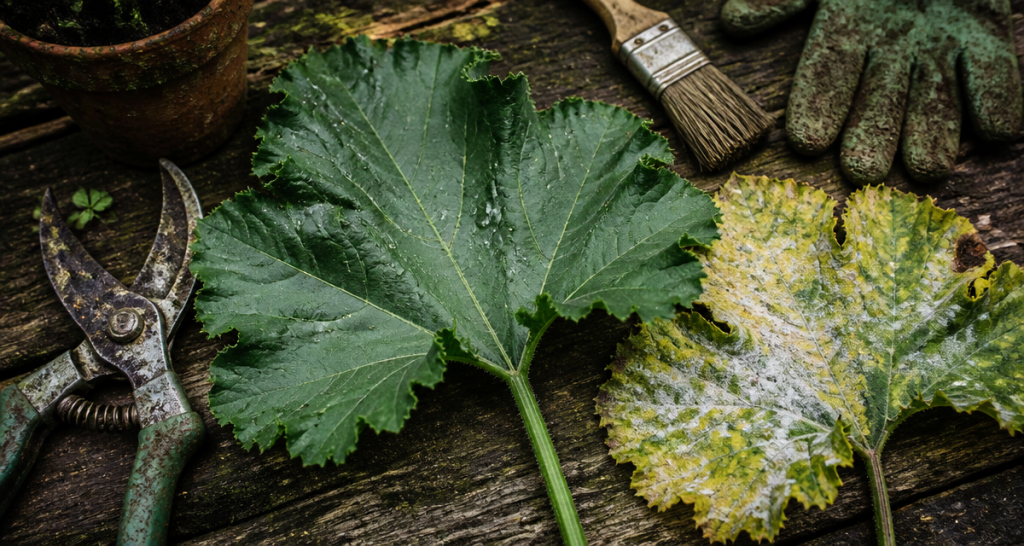 feuille de courgettes saine et oïdium
