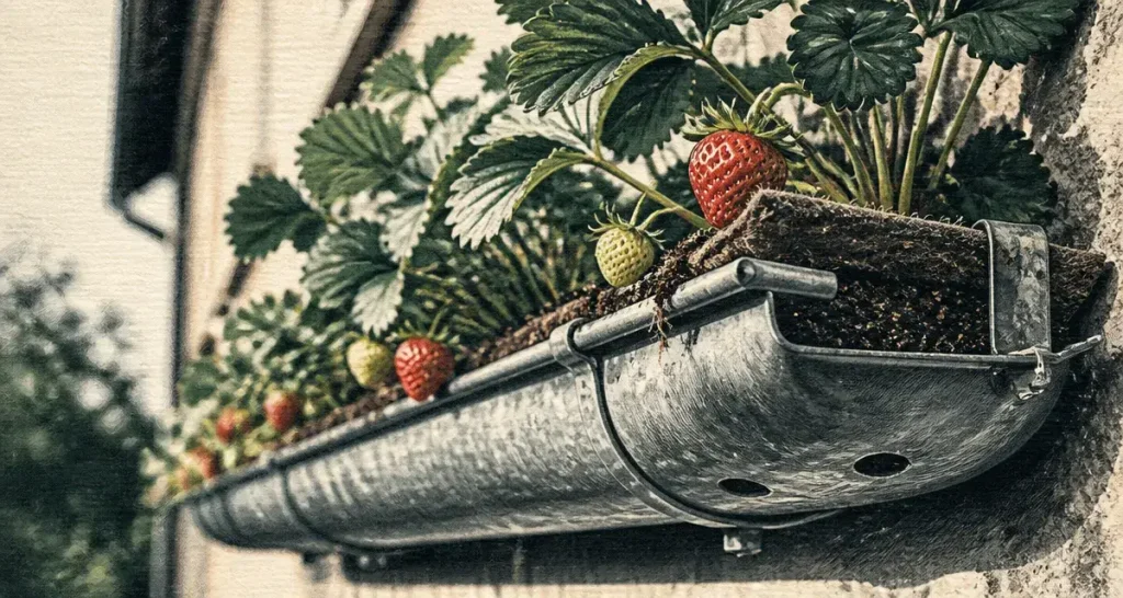 Fraisier dans gouttière en zinc, drainage 6 mm, fruits rouges
