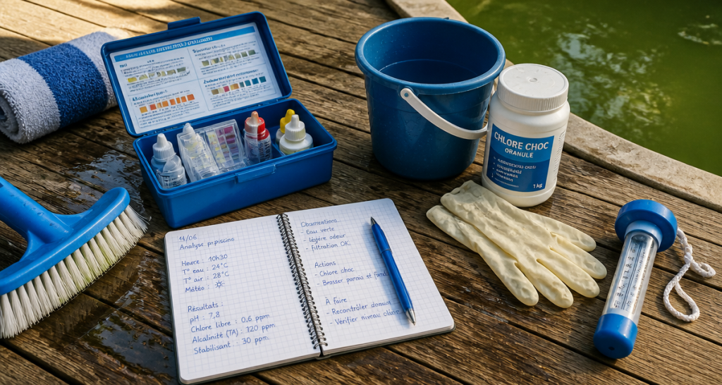 nettoyer piscine verte outils chlore analyse