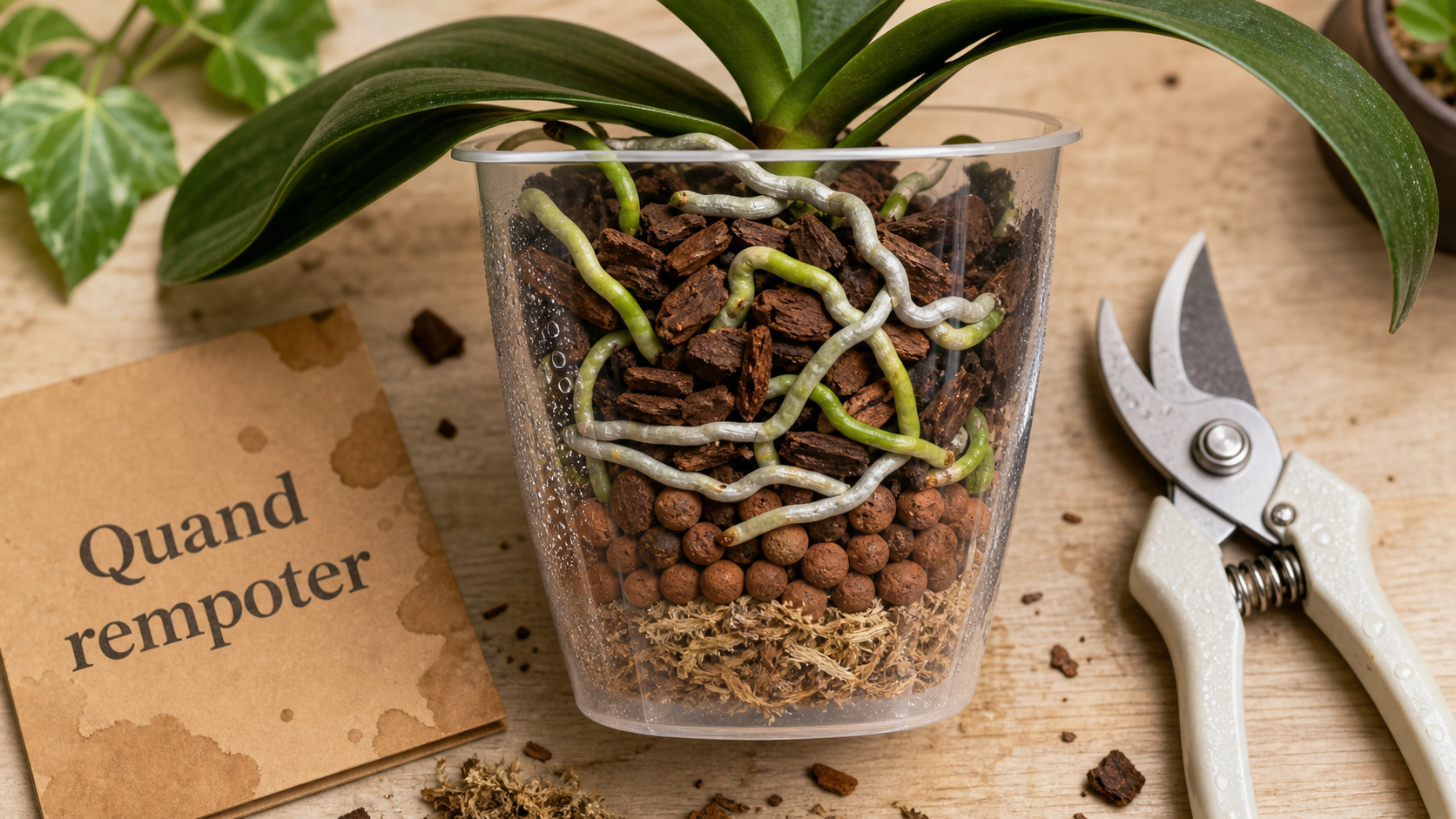 Quand rempoter une orchidée : pot transparent et racines, écorce et sphaigne