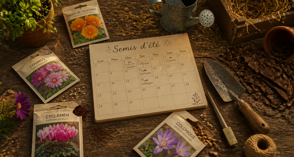 que planter en juillet août fleurs sachets graines outils