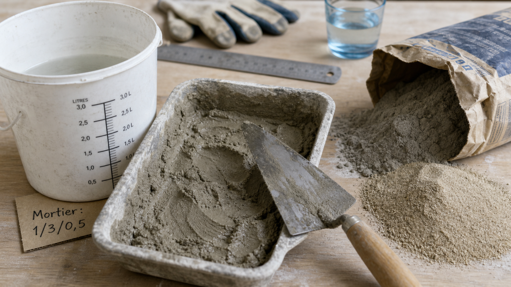 Comment faire du ciment : dosage 1-3-0,5, sable et ciment.