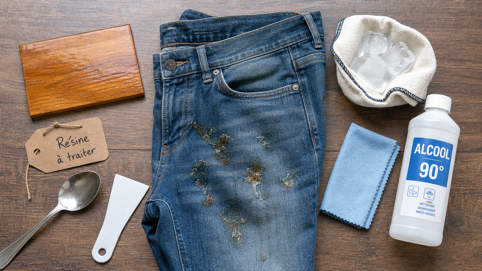 Enlever des taches de resine sur jean : glaçons, grattoir plastique et alcool 90°