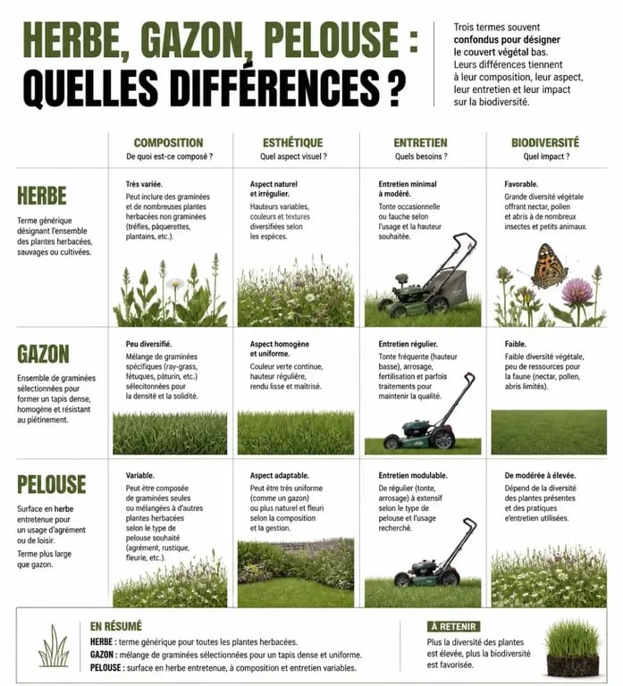 Infographie comparative entre herbe, gazon et pelouse pour bien choisir son espace vert