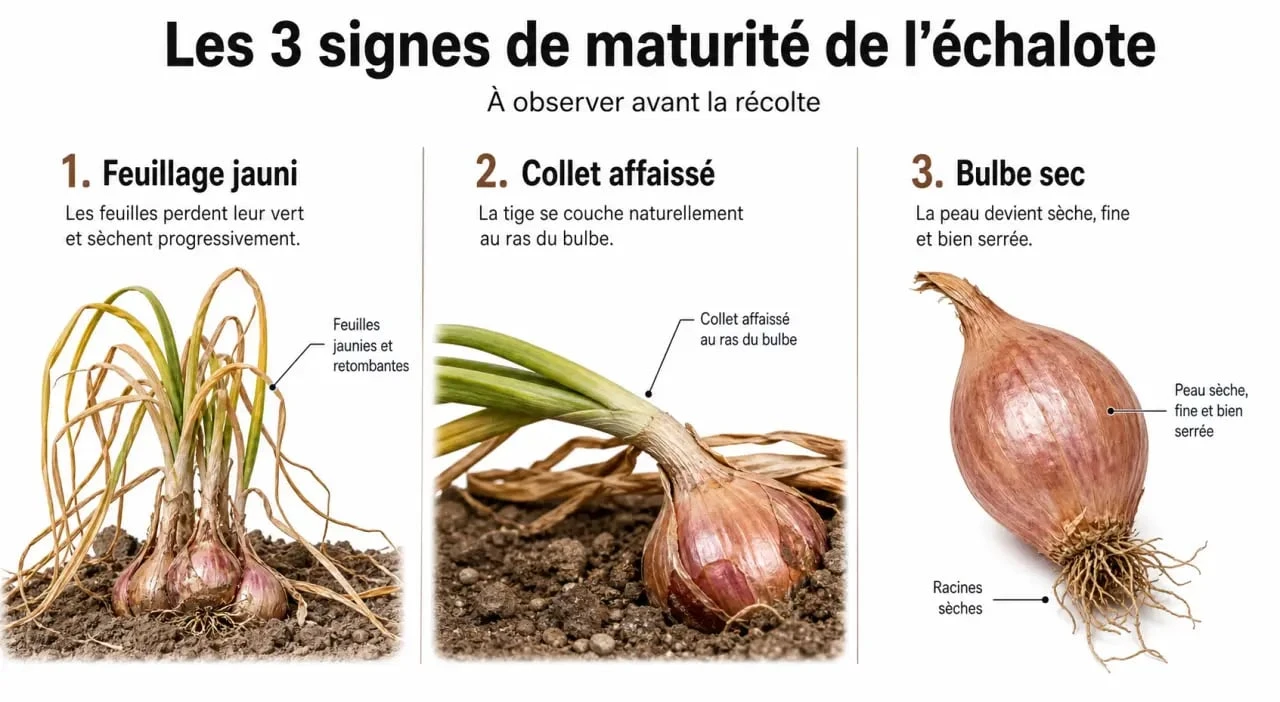Infographie illustrant les signes de maturité pour savoir quand récolter les échalotes au potager