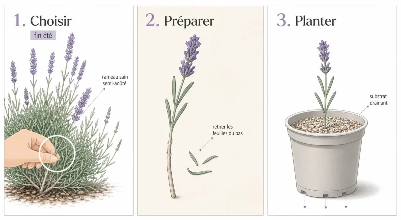 Quand bouturer la lavande : illustration des étapes de bouturage en godets drainants