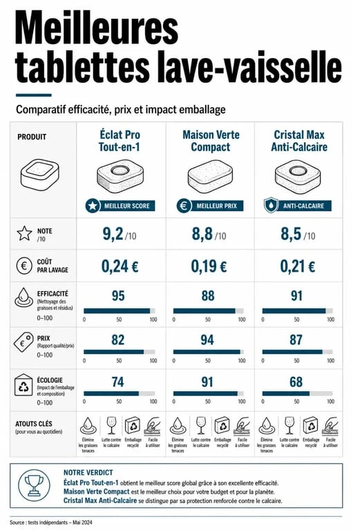 Comparatif des meilleures tablette lave vaisselle avec notes, prix par lavage et critères d’efficacité