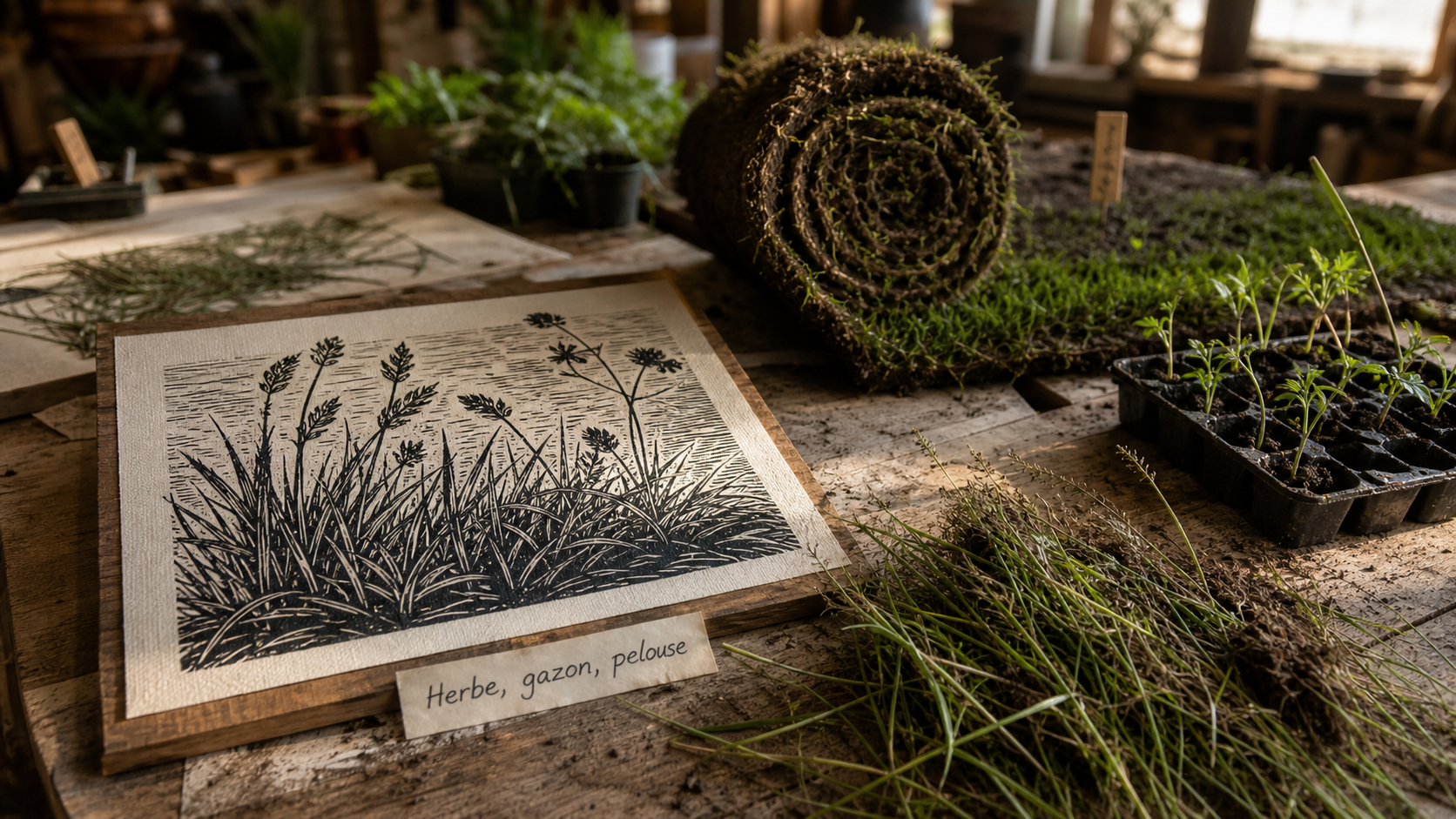 Herbe ou gazon : rouleaux de gazon et échantillon de prairie