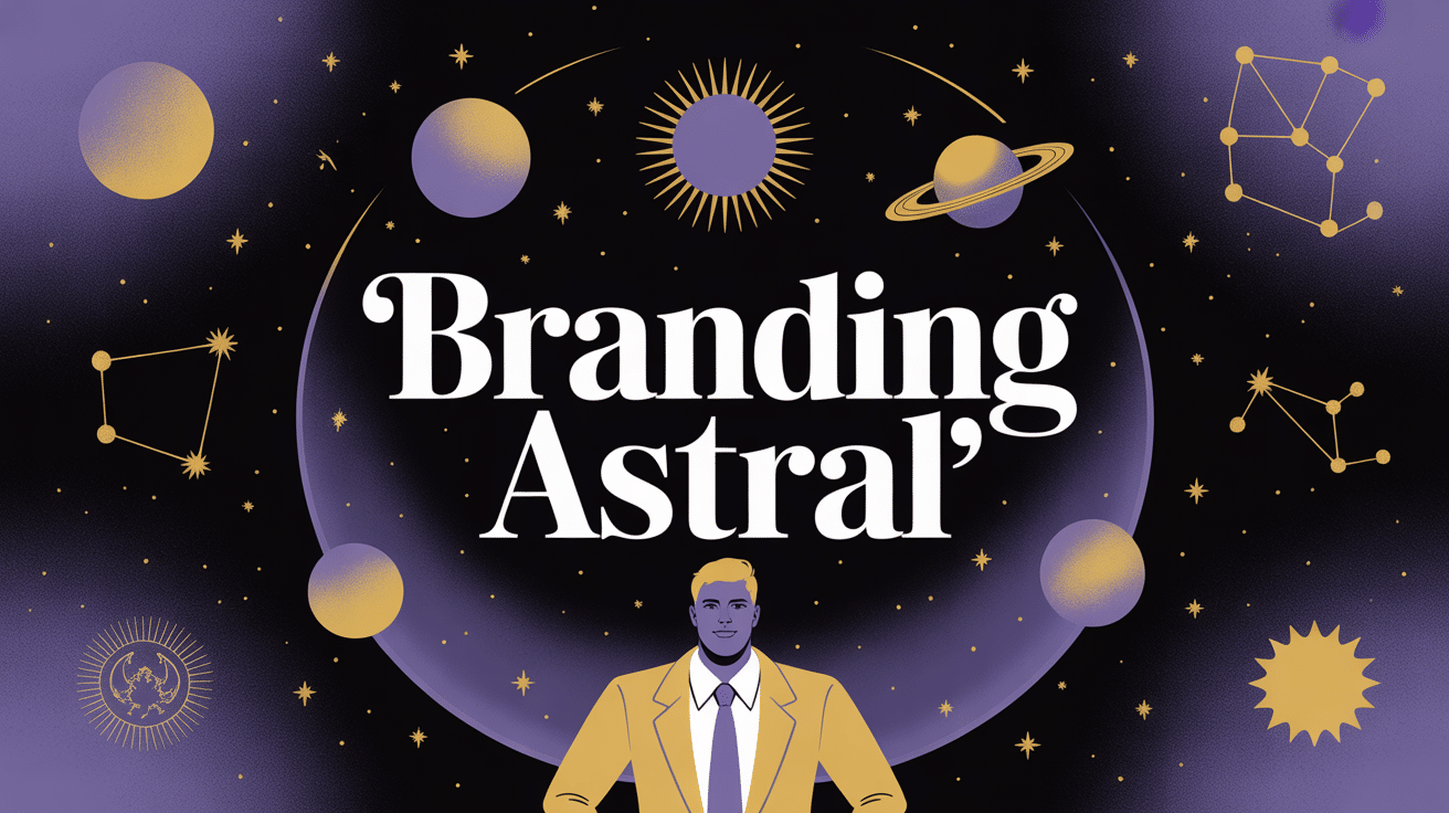 Illustration branding astral avec entrepreneur et symboles astrologiques