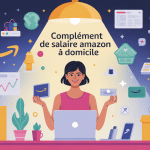 Complément de salaire à domicile avec Amazon, personne stylisée, symboles de revenus