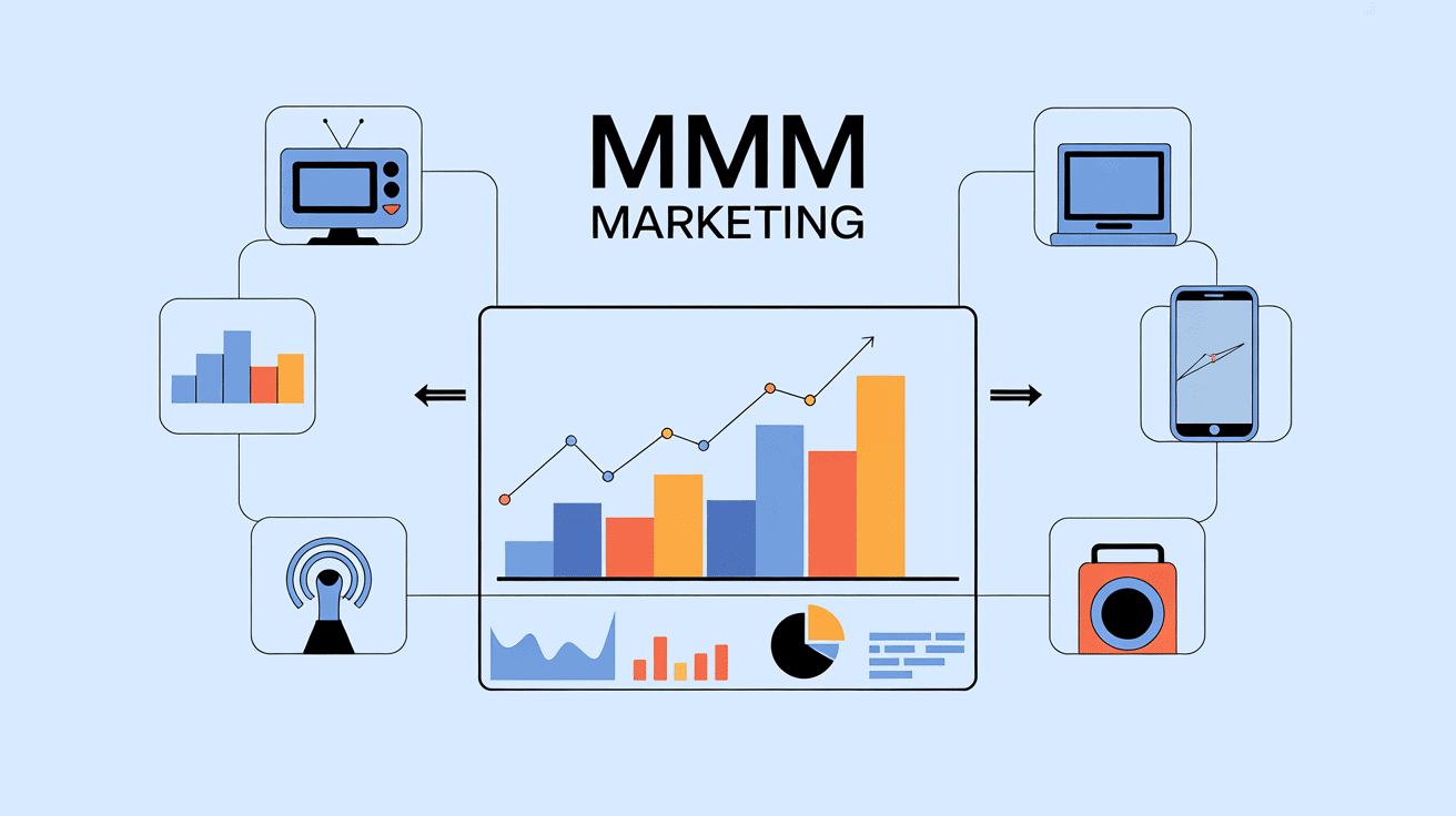 dashboard mmm marketing avec graphiques colorés et canaux reliés