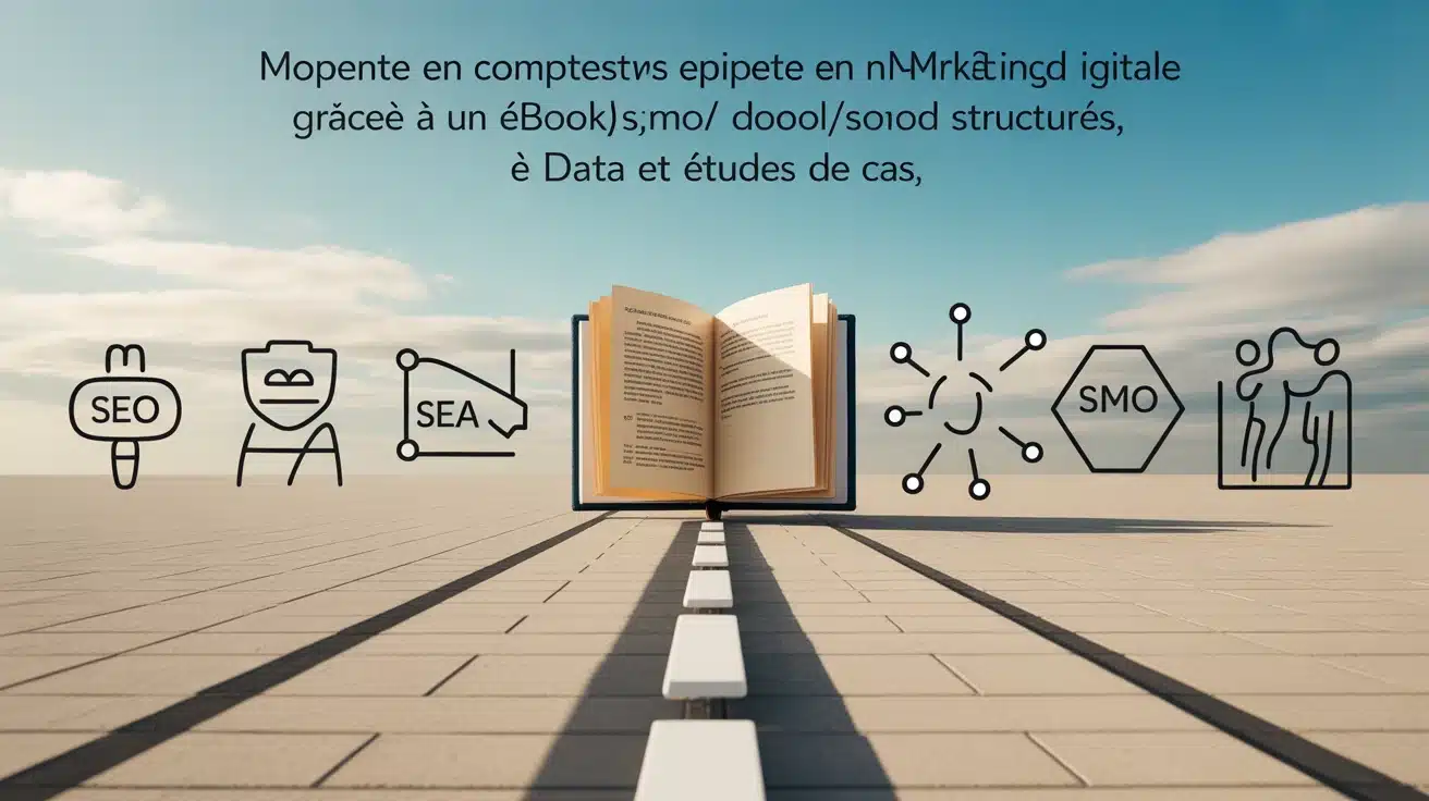 Ebook marketing digital omnicanal, livre et pictogrammes SEO SEA SMO