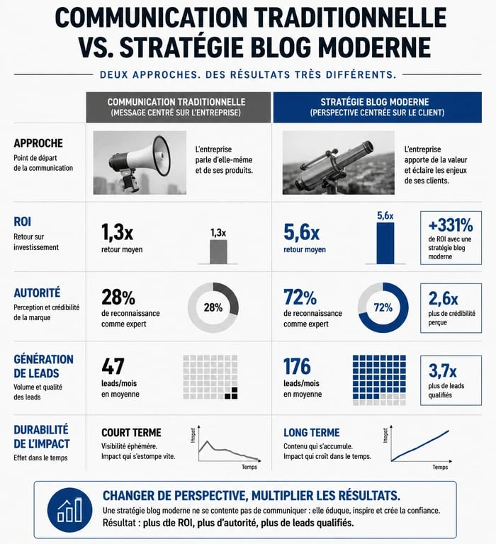 Infographie comparative : communication traditionnelle vs stratégie de blog de perspectives pour directions marketing