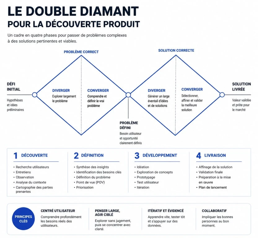Infographie du processus de Product Discovery en double diamant pour agence product discovery