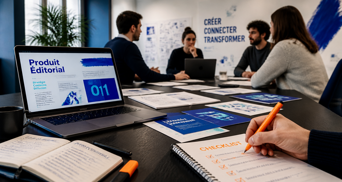 Scène d'agence avec produit éditorial sur table