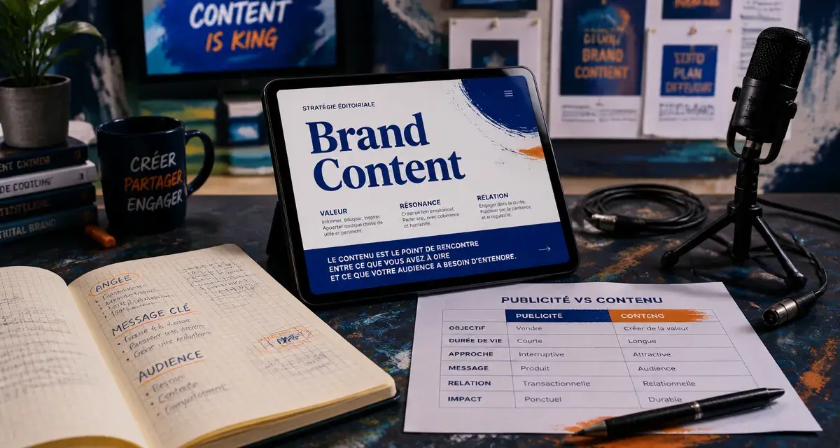 Brand content definition : publicité vs contenu au bureau, carnet et tablette
