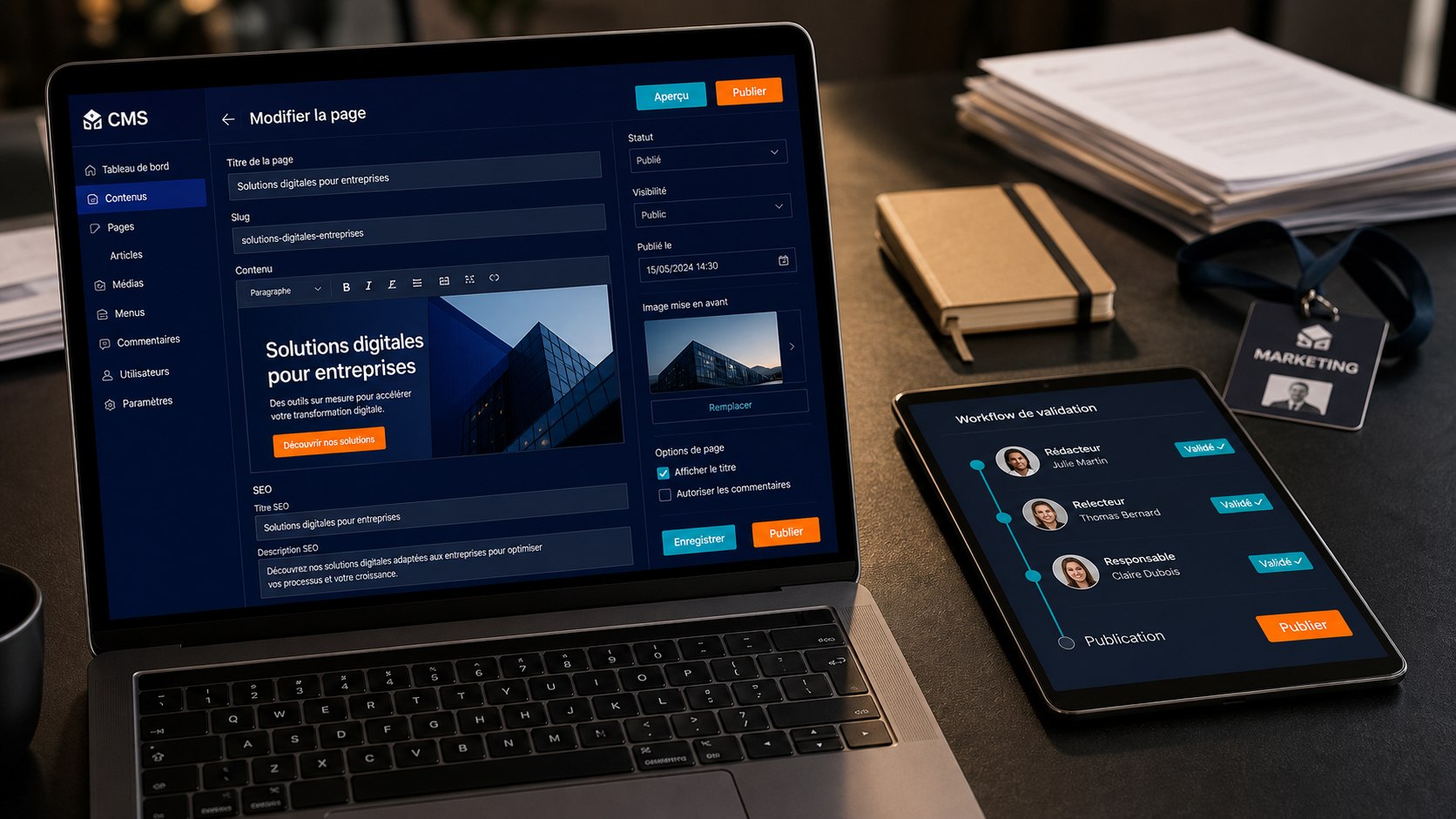 CMS marketing : workflow de publication et validation sur bureau