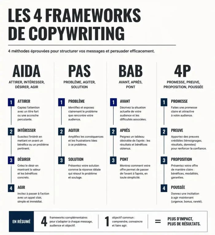 Infographie des frameworks de copywriting AIDA PAS BAB 4P