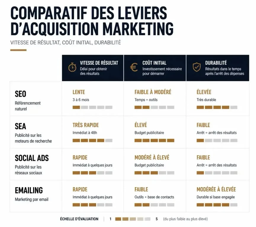 Infographie comparative des leviers d'une stratégie d'acquisition marketing : SEO, SEA, Social Ads et Emailing.