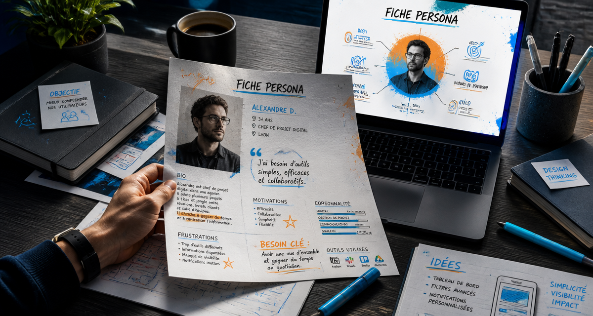 fiche persona sur bureau avec ordinateur et notes