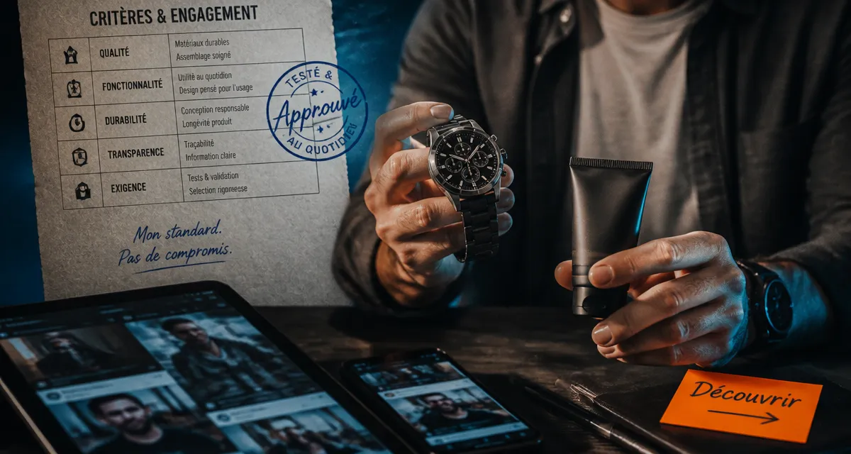 Influenceur homme tenant une montre sur smartphone : critères marketing