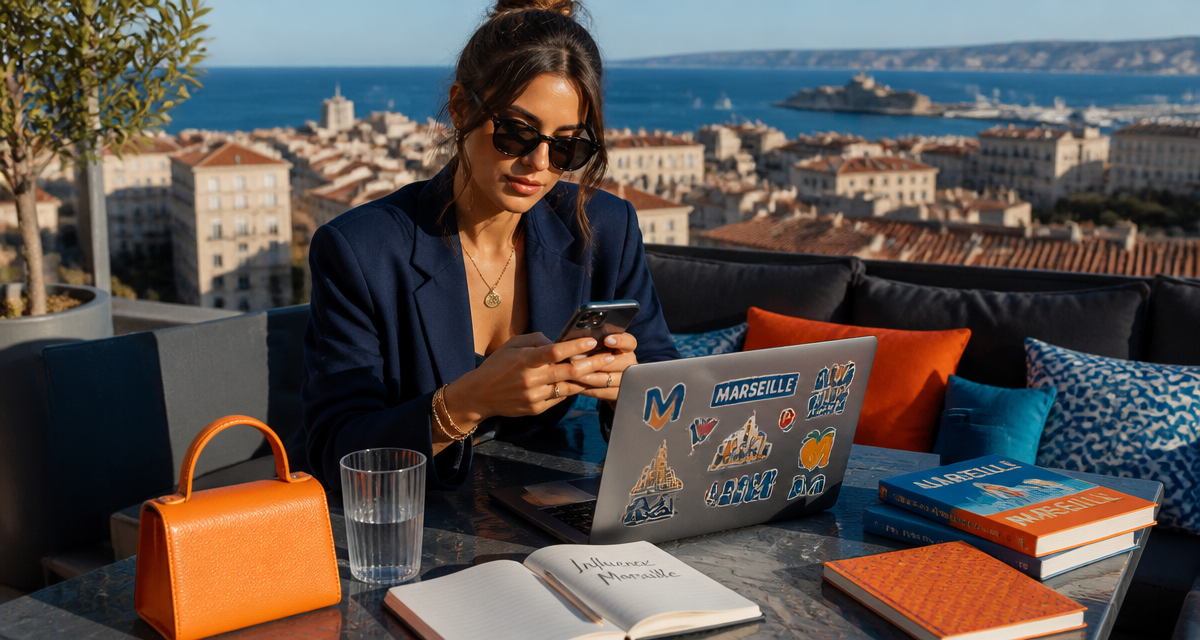 influenceuse marseillaise sur terrasse avec vue mer
