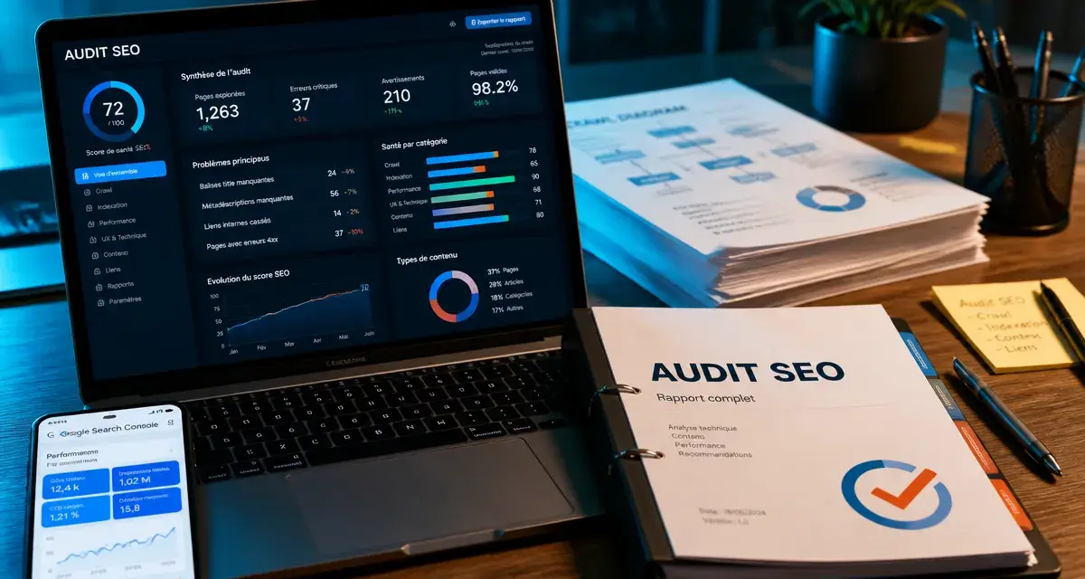 Outils audit SEO sur écran pour analyser Search Console et améliorer le référencement