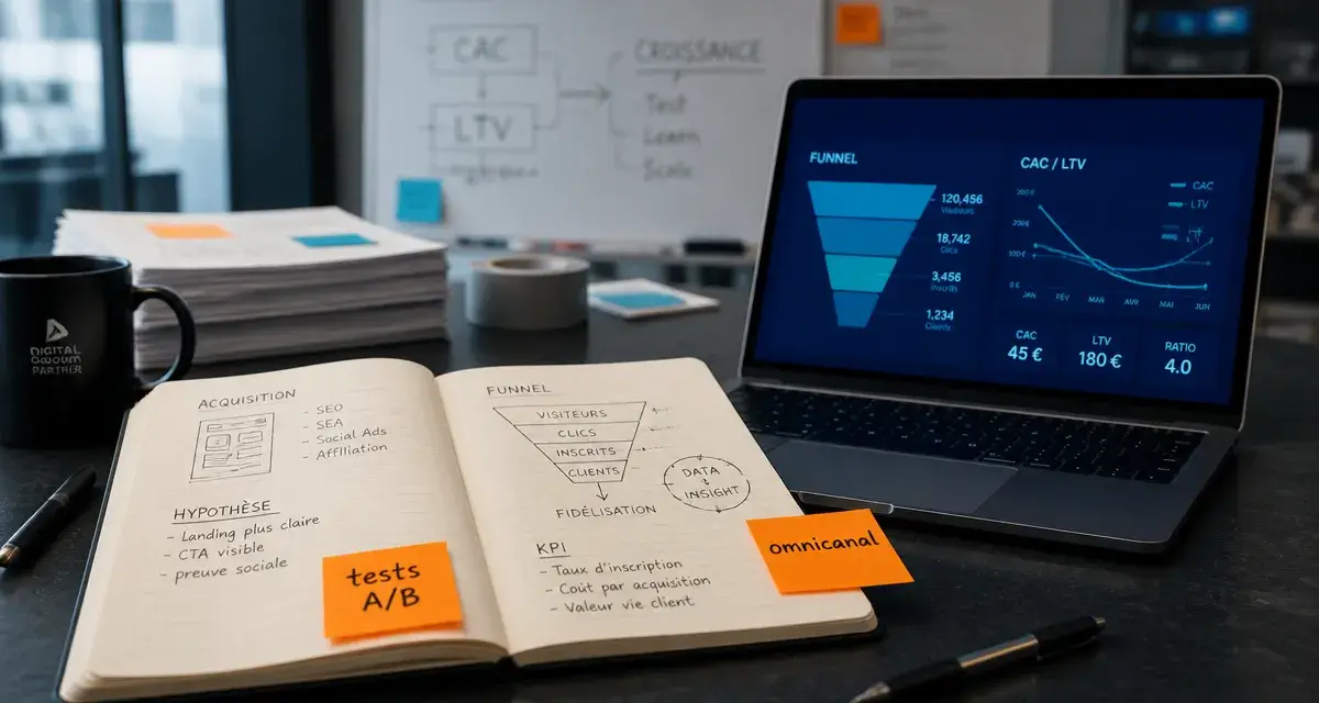 Stratégie d acquisition : funnel, CAC/LTV et tests A/B pour convertir des prospects en clients
