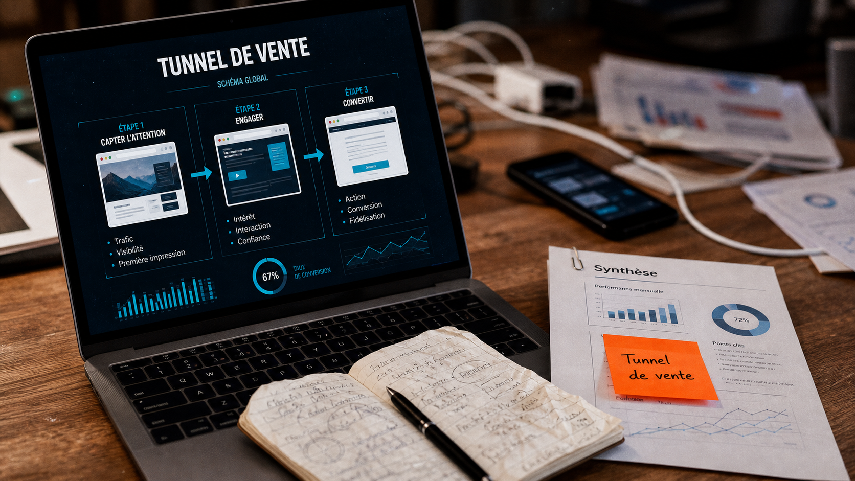 Tunnel de vente definition : schéma 4 étapes sur laptop