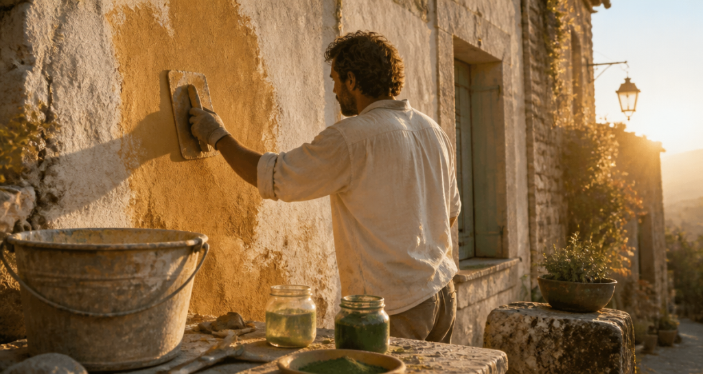 Artisan appliquant chaux aérienne sur mur en pierre