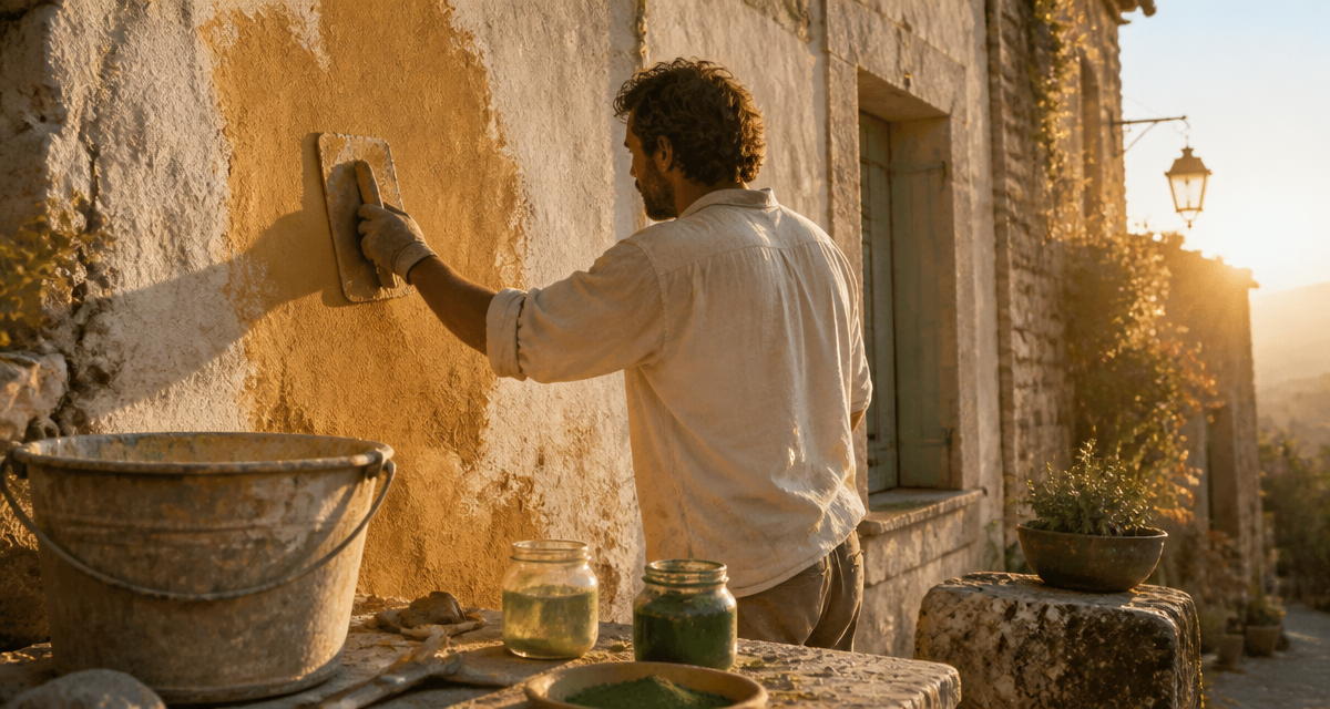 Artisan appliquant chaux aérienne sur mur en pierre