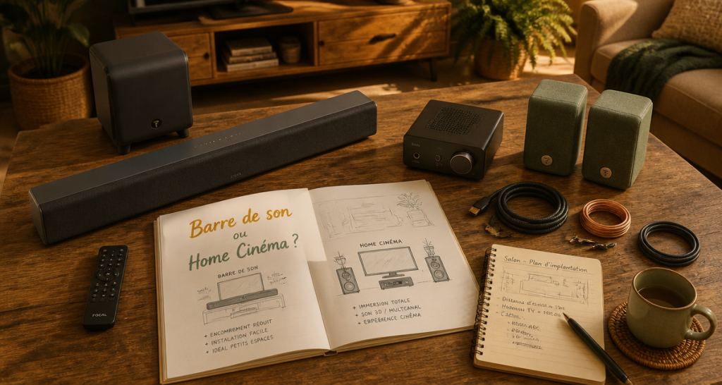 barre de son ou home cinema sur table en bois dans salon moderne