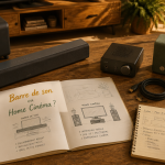 barre de son ou home cinema sur table en bois dans salon moderne