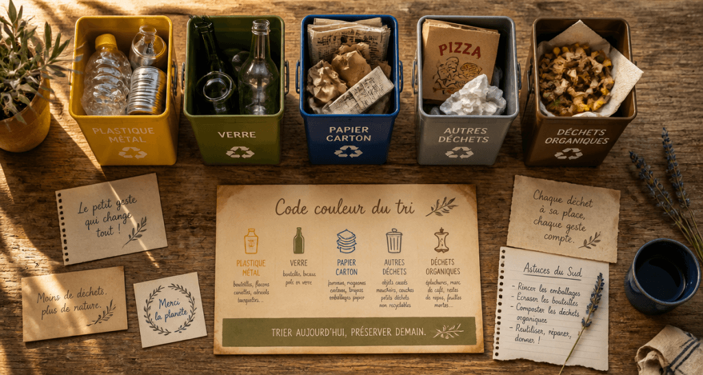code couleur poubelle tri selectif sur table en bois