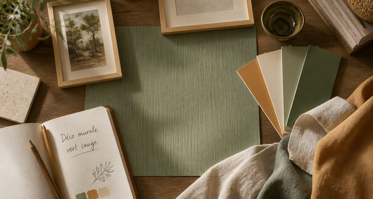 decoration murale vert sauge flat lay