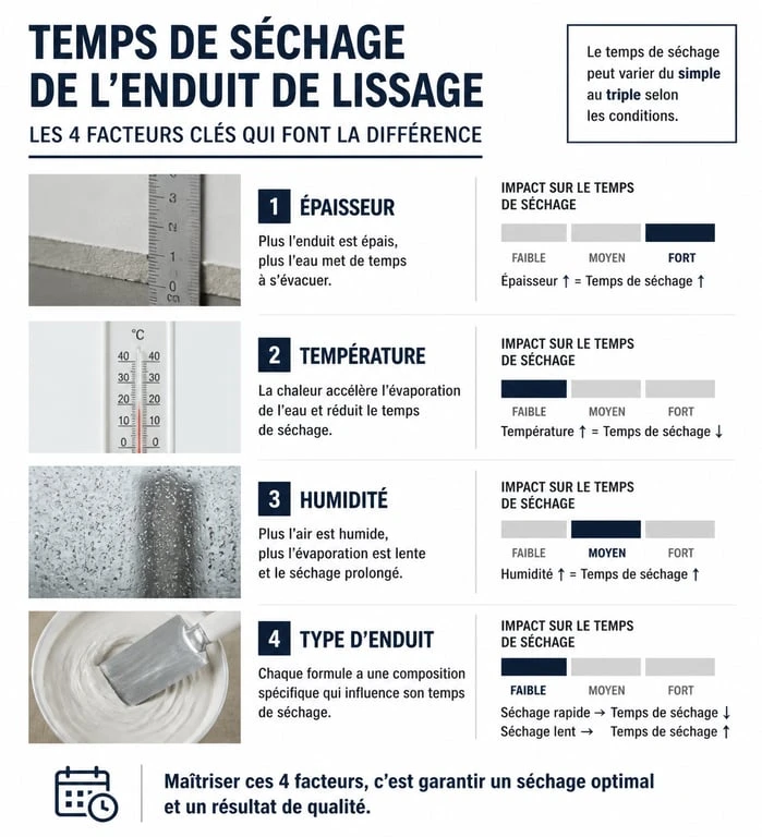 Infographie sur les facteurs influençant le temps de séchage de l'enduit de lissage avant ponçage