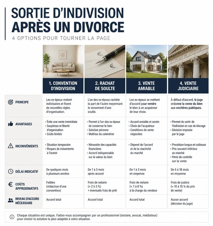 Tableau comparatif des options de sortie d'indivision et divorce : rachat de soulte, vente amiable, vente judiciaire et convention d'indivision.