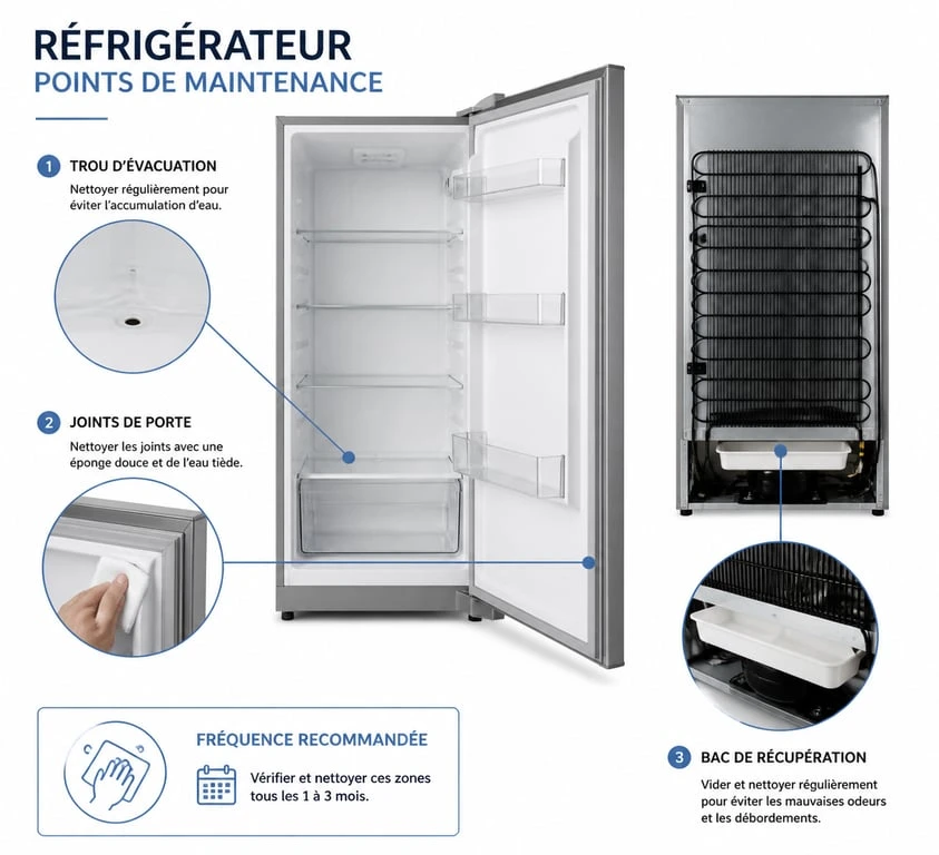 Schéma des points d'entretien pour éviter l'eau dans le frigo : goulotte, joints et bac arrière