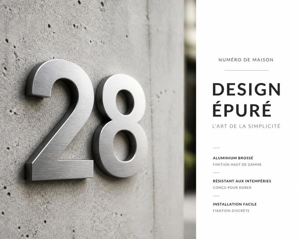 Numéro de maison design en aluminium brossé sur façade moderne